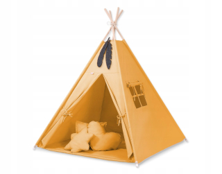 TIPI stan pre deti + karimatka + vankúšiky + prívesky z peria - horčica